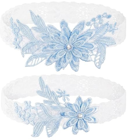 YEAMLTE Ligas para Novias Boda 2 Piezas Novia Liga Nupcial Elástica Ligueros Blanco Beige Azul Ligas de Encaje Floral Accesorios de Boda para Bodas Regalo Fiesta de Disfraces (C)