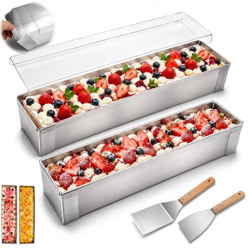 2er Set Tiramisu Backform mit Acryldeckel, 40cm Edelstahl Kuchenform Eckig mit Abnehmbaren Seitenteilen, 304 Mousse Ring Backrahmen inkl. 2 Servierspachtel für Schichtkuchen Desserts