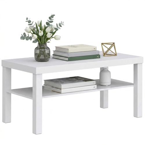 HOMCOM Mesa de Centro Estante Abierto Tablero Grueso 90x45x44,5 cm Blanco