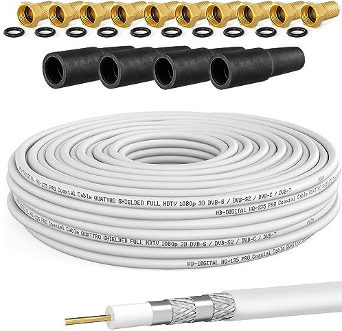 HB-DIGITAL 30m Koaxialkabel SAT HQ135 PRO inkl. 4X Gummitüllen + 10X F-Stecker vergoldet GRATIS dazu | Satellit Antennenkabel 4-Fach geschirmt | für DVB-S/S2 DVB-C/C2 DVB-T/T2 DAB+ Radio BK Anlagen