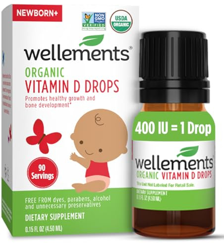 Wellements Baby Organic Vitamin D Drops for Infants & Toddlers (90-Day Supply) - Certified Newborn+ Liquid Vitamin D3 Drops, Support Healthy Growth & Bone Development 400 IU per Drop (1 Drop Daily)