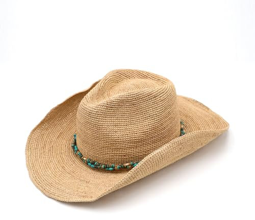 NAMANANA Cowboyhut aus Stroh, gehäkelt, für Damen, klassischer Strand, Sonnenhut, Natürlich, Large