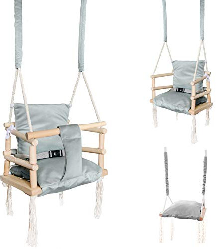 ISO TRADE Babyschaukel Kinderschaukel Holz Stoff Babysitz Baby Schaukel zum Aufhängen 3 in 1 Rosa Grau 8336 , Farbe:Grau-Grey