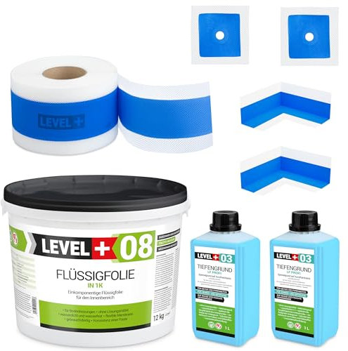 Dichtset 12 Kg Flüssigfolie, 2 Innenecken, 2 Wandmanschetten, 20m Dichtband, Tiefengrund 1 L Abdichtungsset Bandset Dusche Bad Küche SET324