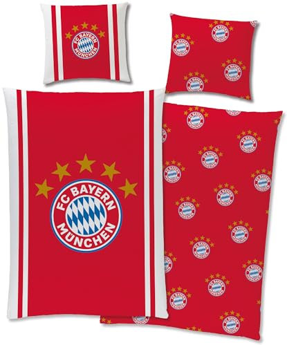 FC Bayern München Champions Reversible Bed Linen 135 x 200 cm + 80 x 80 cm 100% Cotton Flannelette Quality German Record Champion Mia San Mia Football FCB German Size with Zip