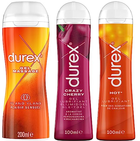 Durex Gleitgel für Intim, 3 Stück, Ylang Ylang Ylang 200 ml – Crazy Cherry Essbares Schmiergel 100 ml – Hot Gel, beheizbar, stimulierend, 100 ml