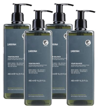 ANYAH Duschgel 4x480ml – Intensiv Feuchtigkeitsspendend für Trockene und Empfindliche Haut, Vegane Formel, Nordic Ecolabel Zertifiziert, 100% Recycled Plastikflaschen, Eco-Friendly, Nicht Nachfüllbar