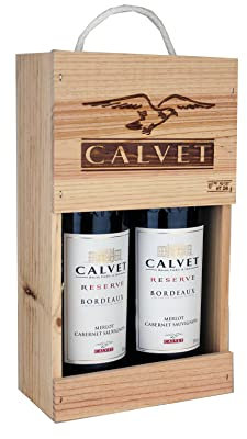 Calvet - Confezione regalo di 2 bottiglie di vino rosso Riserva, Bordeaux in cassa di legno (2 x 0,75 L)