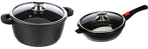 Kamberg - 0008032 - Faitout 24 cm - Fonte d'Aluminium - Revêtement type pierre - Couvercle en verre - Tous feux dont induction - Sans PFOA & Sauteuse 24 cm - Manche Amovible - Fonte d'Aluminium