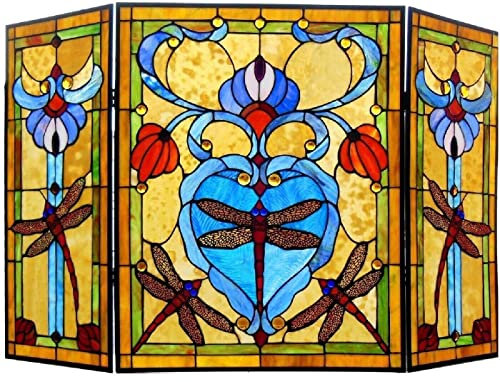 FLBT Kaminschutzgitter, 111,1 cm, Libellen-Stil, Buntglas-Kaminschutzgitter, 3-teilig, klappbar, Dekor-Kaminschutzgitter, Flache Kaminschutzgitter, dekorativ Needed