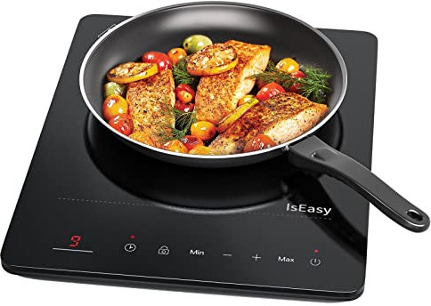 Plaque Induction Portable, IsEasy Table de Cuisson Electrique 1 Feux, 2100W, 28cm, Boosters, Minuterie, Arrêt Auto, Verrou Enfants, Noir