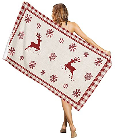 Mikrofaser Strandtuch 80x130cm, Weihnachtsschneeflocken Und Elch Vintage Red Plaid Duschtücher Weich Badehandtuch Männer Pool Badetuch, Für Strand, Yoga