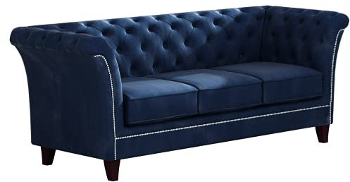 S-Style Möbel Noah Sofa 3-Sitzer Chesterfield-Sofa für Wohnzimmer Lounge Couch mit Holzfüßen Möbel Freistehende Polster Sofas & Couches Couchgarnitur Marineblau 222 x 82 x 77