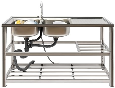 Doppia ciotola in acciaio inox, lavandino autoportante lavandino lavello cucina, utility lavandino con rubinetto e piano di scarico, lavandino con banchie e scaffali di stoccaggio