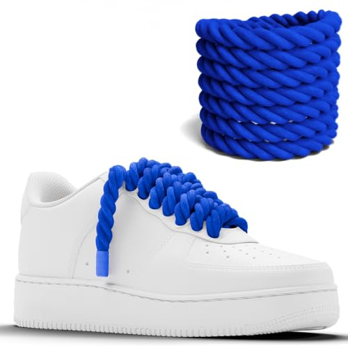 Chunky Laces Lacci per scarpe in corda di cotone spesso 10 mm - blu reale con punte blu | Lacci in corda spessa intrecciata naturale da 160 cm per scarpe da ginnastica Nike personalizzate, Blu, Taglia