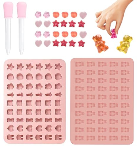 Moules à Bonbons en Silicone (Set de 2) – Moule Silicone Bonbon avec 2 Pipettes - Moule à Chocolat Réutilisables & Moules à Bonbons en Forme D'Ours en Gélatine - Kit Mini Moules à Bonbons (Rose)