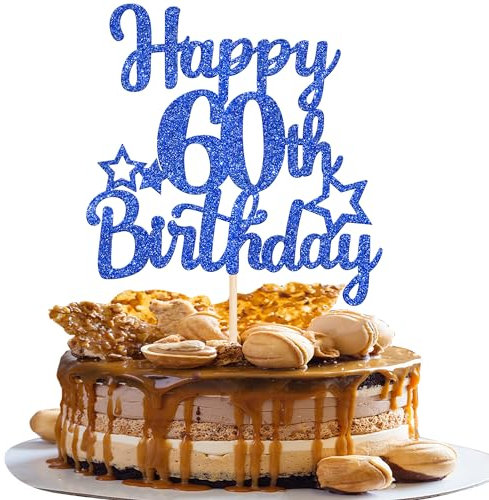 SYKYCTCY 1 Pack Happy 60th Birthday Cake Topper Glitter Star 60 Fabulous Cake Pick Cheers to 60 Cake Decorations for Children 60th Birthday Theme Party Supplies Dark Blue