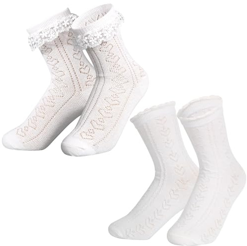 BOFUNX 2 Paar Damen Rüschen Trachtensocken Weiße Trachtenstrümpfe Trachten Kniestrumpfe Lange Kleidsocken für Oktoberfest Fasching Karneval Mottoparty