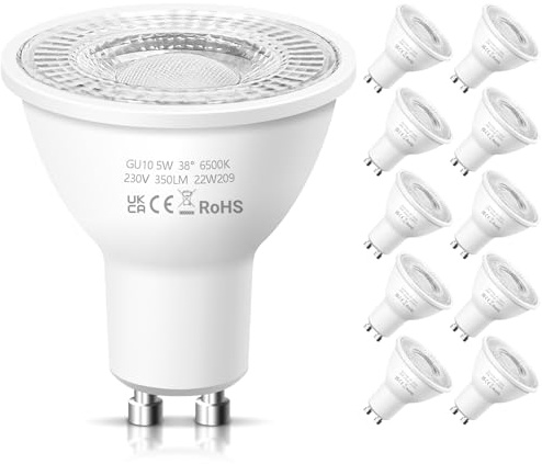 Nottac GU10 LED Spotlight Bulbs, Cool White 6500K 5W Energy Saving Light Bulbs, (Equivalent to 50W) 362LM Halogen Spotlight Bulbs, Non-dimmable 240V, LED Bulbs for Ceiling, Pack of 10