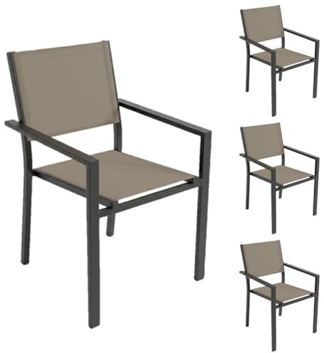 LOLAhome Set de 4 sillas de jardín Thais apilables con Brazos de Aluminio Negro Grafito y textileno Topo de 55x60x86 cm