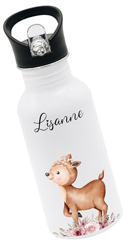 Bärenfreunde® - Personalisierte Trinkflasche Kinder Edelstahl [ 500ml ] - Robuste Trinkflasche mit Namen - Wasserflasche mit Trinkhalm - Personalisierte Geschenke für Kinder (Reh Rosen)
