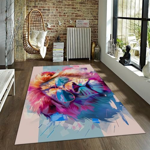 BYLEEHOMED Rosa Löwen-Teppich Aquarell Cartoon-Wildtier-Graffiti Wohnzimmertapete für Couch Bett Reise maschinenwaschbarer Faltbarer Teppich 180x300cm