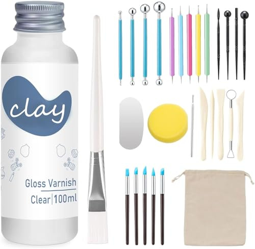 100 ml lerglasyr med lufttorkande lerverktygssats, 29 st lerskulpteringsverktyg, polymerlerkit och lack, keramikverktygssats för skulptering, modellering, formning, högglansig, repbeständig (glans)