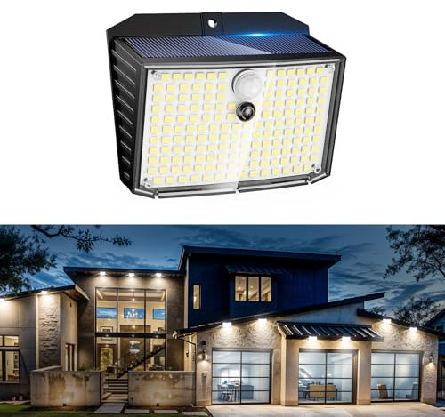 A.bigwhale Lampe Solaire Exterieur Détecteur Mouvement, Lampes solaires IP65 Etanche éclairage Lumiere Solaire Exterieur, 158 LED Spot Solaire pour Jardin Patio Cour Garage Porte D'entrée, 1 Pièce