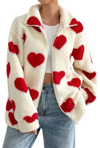 Valentinstag Damen Fleecejacke Fashion Herzen Drucken Plüschjacke Winter Langarm Reißverschluss Verdicken Bequem Oberbekleidung mit Taschen