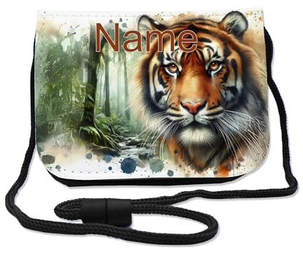 Maus-Design Kinder Brustbeutel mit Name, Tiger | Personalisiert, Schriftartwahl, Klettverschluss, Schnur zum Umhängen, Klarsichtfach