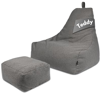 PatchHome Comfortline teddy sittsäck lounge fåtölj – gaming saccosäck set med fotpall – bekväm teddy fåtölj med fyllning (antracit, XXL – sittsäck + pallset)