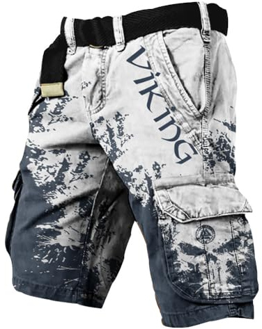 JHBTFQ Pantalones Cortos Vikingos de Verano Valhalla Cráneo con Vegvisir Runas de Odín Pantalones de Senderismo para Hombre Bañador de Playa Regalo Nórdico,Blanca,L