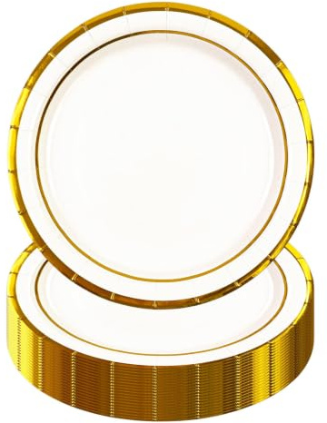 HiEnjoin Lot de 50 assiettes en carton jetables blanches, 23 cm avec feuille dorée - Assiettes en papier pour anniversaires, desserts jetables, jubilés, mariages et fêtes