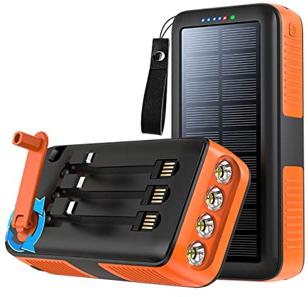 Banque d’Alimentation, Compact Solaire intégré Câble à manivelle Chargeur de manivelle Powerbank Lampe de Poche LED étanche Batterie Externe multifonctionnelle 2PCS, Orange, 20000mAh