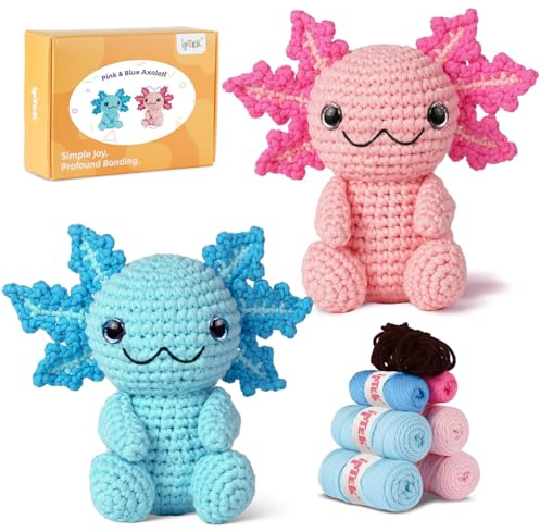 iptek Crochet Kit for Beginners, Crochet Animal Kits,Crocheting Kit for Starters with Step-by-Step Video Tutorials, Beginner Crochet Kits for Adults (2Pack Axolotl)