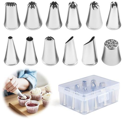 12 Pièces Douilles à Pâtisserie Professionnelles, Embouts de Glaçage pour Poche à Douille, Kit d'Accessoires de Pâtisserie DIY Spécialisé Décorer Gâteaux Cupcakes, Donuts et de Muffins