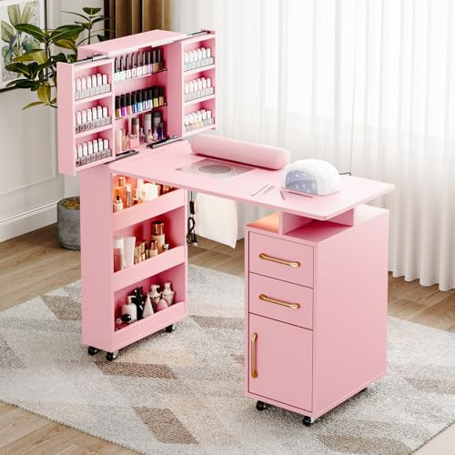 HolaiNail Manicure Table with Extendable Polish Cabinet, Nail Desk with LED Light, Dust Collector, Wrist Rest, Lockable Wheels, Beauty Salon Station Home Nail Tech, Pink