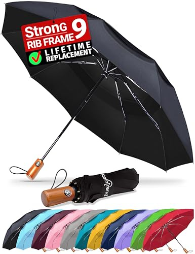 Raintrend Premium Umbrellas for Rain Windproof Travel Automatic Open Close Large Canopy with Compact Folding Strong Lightweight Portable Umbrella for Car Backpack, Womens & Mens Umbrella - Black