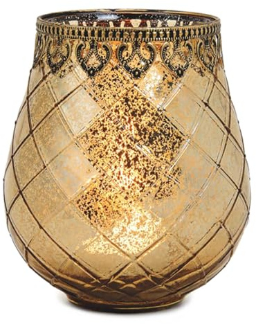 Vintage Kerzenglas Windlicht gold in 18 cm - Modernes Windlichtglas als Kerzenständer Laterne und Teelichthalter - Boho Kerzenhalter Teelichtglas für Wohnzimmer Tisch-Deko, Balkon, Hochzeit