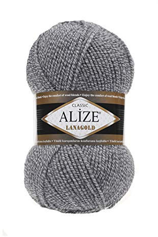 Alize LanaGold Handstrickgarn zum Häkeln, Stricken und Basteln, Wollmischung, warm, weich, natürlich, grob, handgewebt, Strickgarn, Strickwolle, 4 Stück, 400 g, 1048 yds, Farbe 651 Grau Melange