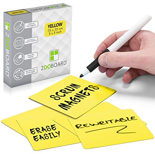 2DOBOARD Beschreibbare Magnete - 7,5 x 7,5 cm Gelb - 25 Stück - Kanban Magnete, Scrum Magnetische Karten oder Magnetstreifen beschreibbar für Whiteboard und Kühlschrank (Gelb)