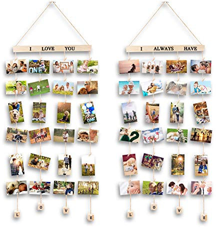 MOVEONSTEP 2 Set Cornice per appendere a parete foto in legno collage con 4 corde per appendere immagini e 32 pioli adesivi in legno - Colore scuro (100 x 40 cm)