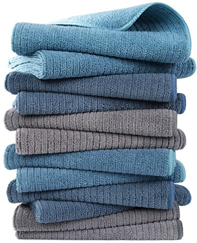 Polyte - Paño Multiusos de Cocina - Microfibra de Tela de Toalla Acanalada - Premium - Azul, Gris, Verde Azulado - 40,6 x 71,1 cm - Pack de 12