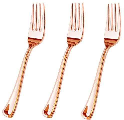 JL Prime 50 Piece Rose Gold Plastic Forks, Heavy Duty Disposable Cutlery Set for Party & Wedding, 7.35 Inch Long, Rose Gold Plastic Flatware