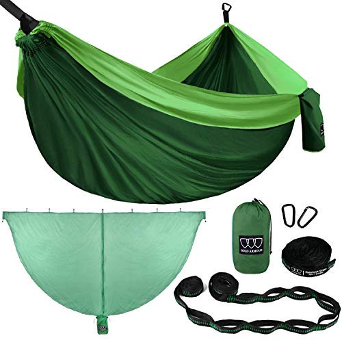 Gold Armour Camping Hängematte und Käfernetz-Set - Doppelte Fallschirm-Hängematte (2 Baumgurte 32 Schlaufen / 20 Fuß inklusive) Leichte Erwachsene Kinder (Grün & Limonengrün, Doppel)