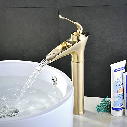 Badezimmer Wasserhahn mit Wasserfallauslauf Gebürstetes Gold Waschbecken Wasserhähne Einhebel Ein Loch Massives Messing Bauernhaus Kommerziell Antik SHUNLI
