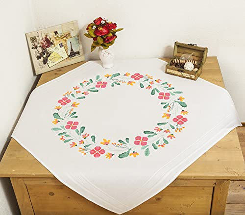 KAMACA Stickpackung BLUMENKRANZ Tischdecke 80x80 cm Kreuzstich vorgezeichnet Baumwolle komplettes Stickset mit Stickvorlage