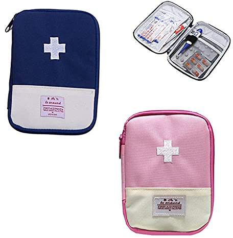 Qanye 2 Stück Medikament Tasche, Mini Erste Hilfe Tasche Leer, Tragbare Mini Erste-Hilfe Set, Notfalltasche, für Notsituationen zu Hause, im Büro, auf Reisen, beim Wandern, Camping (Blau, Pink) Groß