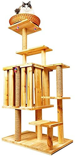 JIAChaoYi Katzenklettergerüst, Katzenstreu aus Massivholz, 6-lagige Sprungplattform, natürliche Sisalsäule, Rattan-Katzenbett, 145x40x60cm