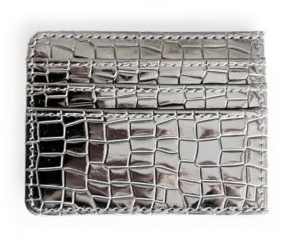SWEDEY Super Shiny Slim Credit Card Holder Mini Front Pocket Wallet in Mirror Metallic Faux Crocodile pattern (Metalic Pewter)